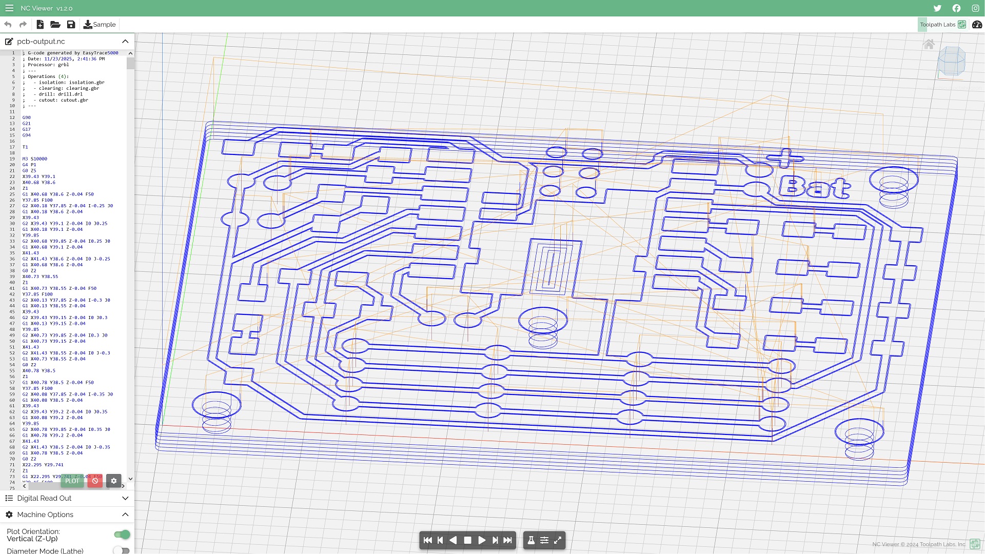 Validation of exported G-code in NCViewer, confirming the presence of reconstructed G2 arc commands