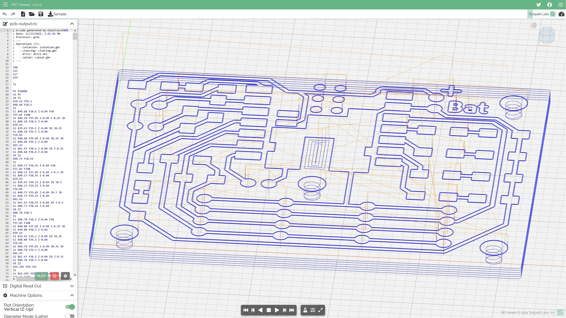 Validation of exported G-code in NCViewer, confirming the presence of reconstructed G2 arc commands